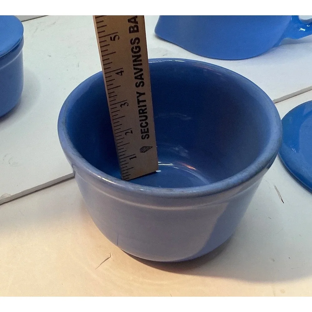 Vintage Blue Ceramic Pitcher and Lidded Bowls Set Kitchenware 3pc